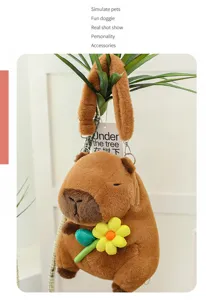 Detailed view of a soft brown capybara plush backpack with yellow flower accent