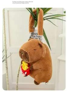 Cuddly soft brown capybara plush backpack holding a red box of french fries in a minimalist room