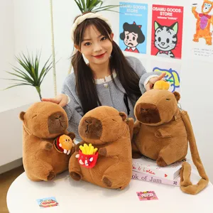 Cute soft brown capybara plush backpack with adorable burger and fries accessories