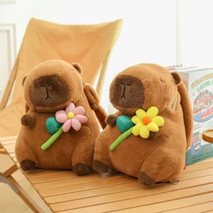Cute capybara plush backpack with flower decor, soft cartoon animal stuffed toy bag