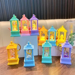 Macro shot of colorful glowing lantern keychains with Sanrio style characters inside
