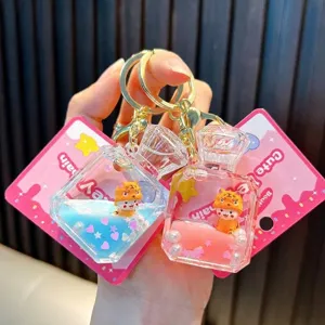 Creative Oil Quicksand Tiger Perfume Bottle Keychain Cute Cartoon Liquid Acrylic Keyring For Women Bag Car Charm Gift