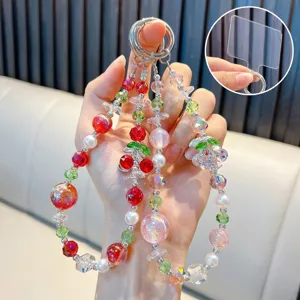 Cute Alloy Cherry Beaded Phone Chain Rhinestone Artificial Pearl Mobile Strap Keychain Bag Pendant For Women Fashion Gift