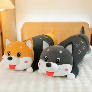 Adorable long Husky and Shiba Inu dog plush pillows on a white bed for home decor