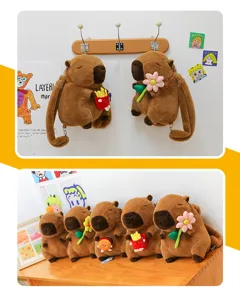 Detailed view of cute Capybara plush backpacks with flower and food accessories