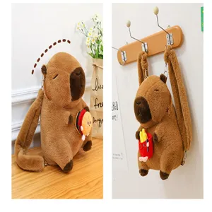 Detailed view of the brown plush capybara backpack in sitting and hanging positions