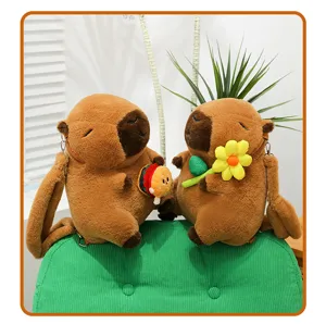 Cute brown capybara plush backpacks with hamburger and flower accessories for girls
