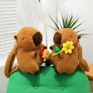 Cute Capybara plush backpack set featuring burger and flower accessories for girls gift