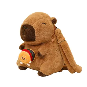Cute brown furry capybara plush backpack with burger accessory for girls birthday gift