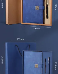 Detaillierte Ansicht des blauen Leder-Notizbuch-Geschenksets mit Stift und Maßen