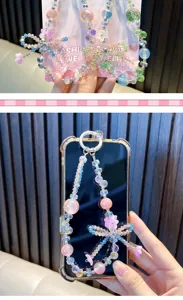 Detail of cute beaded flower phone strap with pink blossoms and iridescent beads