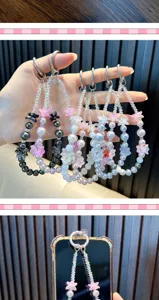 Colorful beaded flower phone chain wrist straps in various styles and pearl finishes