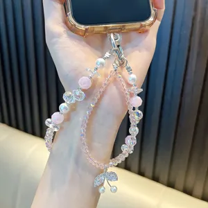 Eleganter rosa Kristall Kirsche Perlen Handyband und dekorativer Schlüsselanhänger