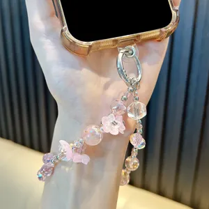 Pink flower beaded phone charm strap 3d crystal aesthetic wrist lanyard for phone case bag