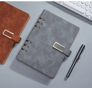 Professional grey A5 loose-leaf leather notebook with elegant gold buckle and pen