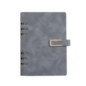 Elegant grey A5 6-ring loose-leaf business notebook with gold metal buckle clasp