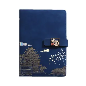 Elegant marineblauw A5 zakelijk notitieboek met traditioneel Chinees goud reliëf