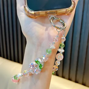 Handmade alloy cherry beaded phone strap featuring colorful crystal and pearl decorative beads.