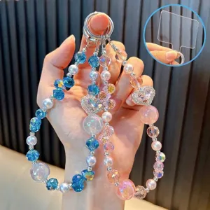 Heart Rhinestone Crystal Beaded Keychain Plastic Artificial Pearl Bag Charm Phone Lanyard For Women Girls Gift