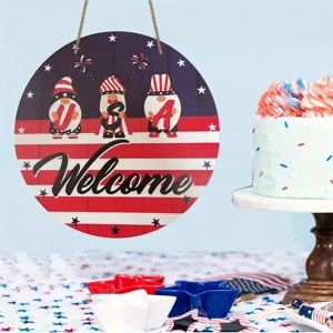 Wooden Independence Day door sign featuring USA gnomes and stars in a festive setting