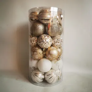 Assorted 30-piece 6cm white and gold Christmas ball ornaments in clear cylinder