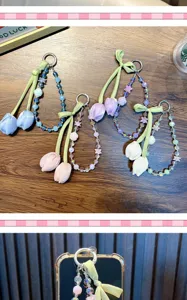 Fabric tulip beaded phone charm strap wrist lanyard cute bag pendant gift key chain stylish