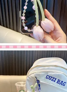 Fabric tulip beaded phone charm and bag pendant wrist lanyard for women cute accessory.