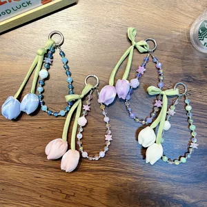 Sweet Fabric Tulip Beaded Phone Strap Keychain Floral Acrylic Wrist Lanyard For Women Bag Charm Key Ring Gift Decorative Accessories