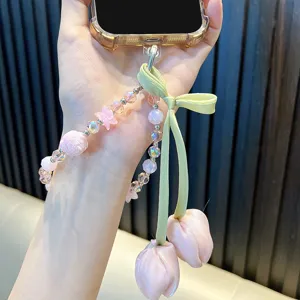 Handcrafted fabric tulip beaded phone strap wrist lanyard aesthetic phone charm accessory