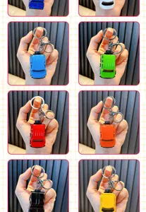 Detailed view of colorful alloy pull-back toy car keychains in multiple vibrant colors