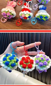 Handcrafted crochet flower bouquet keychain, mini knitted rose bag pendant gift.