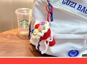 Handmade crochet rose bouquet keychain mini floral charm cute backpack pendant gift for women