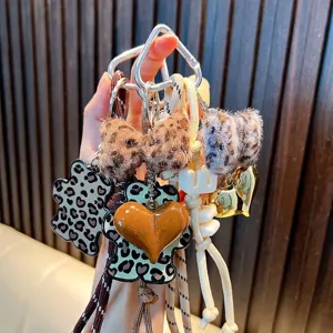 Leopard Print Bear Keychain Maillard Style Plush Bowknot Heart Bag Pendant Acrylic Braided Rope Key Ring For Women Girls
