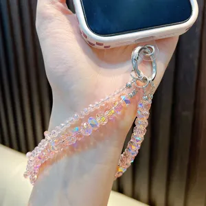 Funkelndes eisrosa Kristallperlen Doppelarmband für das Handy gegen Herunterfallen