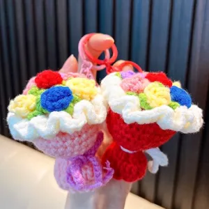 Portachiavi Mini Bouquet di Fiori Fatti a Mano all'Uncinetto per Donna Ciondolo Borsa in Filato Colorato Regalo di Compleanno Matrimonio
