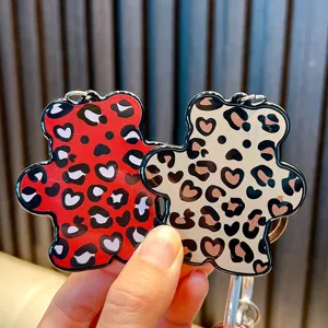 Set of leopard print bear-shaped keychains in red and beige for cute bag charms