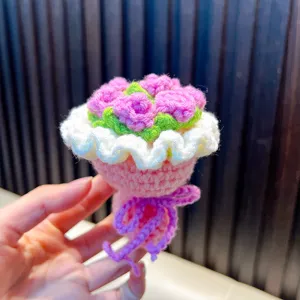 Handmade crochet rose bouquet keychain, mini knitted flower bag charm, Valentine gift.