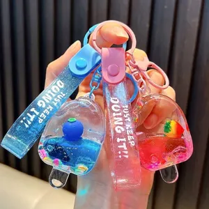 Liquid Quicksand Fruit Popsicle Keychain Acrylic Oil Filled Ice Cream Bottle Bag Pendant For Students Car Key Ring Gift