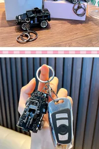 Detailed macro shot of a black SWAT police car keychain held with a car key.
