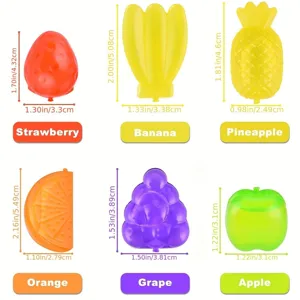 Detailed dimension guide for 6 colorful reusable fruit-shaped plastic ice cubes