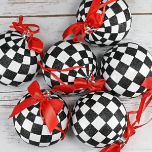 Adornos de Bolas de Navidad a Cuadros Buffalo Con Lazos de Cinta Roja Brillo Blanco Negro Bolas Decorativas Colgantes para Árbol de Navidad