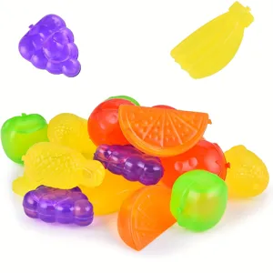 Close-up detail of various colorful fruit-shaped reusable food-grade plastic ice cubes