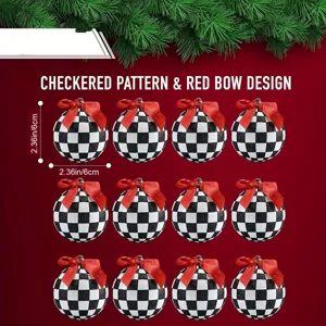Vista detallada de bolas de Navidad con purpurina de 6cm con cuadros y lazos rojos