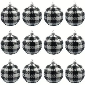 Set de 12 bolas de Navidad de cuadros blancos y negros con purpurina para el árbol