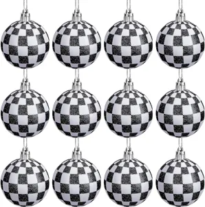 Set de 12 bolas de Navidad con purpurina a cuadros blancos y negros para el árbol