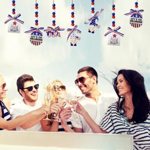 Set of Independence Day wooden bead garlands hanging above a celebratory party scene