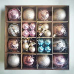 Overhead view of Christmas ornament gift box with assorted pink, gold, and blue balls.