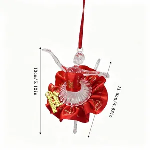 Acrylic Christmas ballerina ornament in red tutu with height and width dimensions.