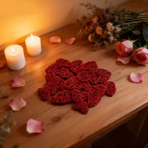 Rote Rattan-Herzen für Valentinstag Hochzeit Party DIY Dekorationen auf Holztisch