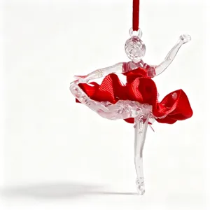 Clear acrylic ballerina ornament with a vibrant red fabric tutu and hanging ribbon.